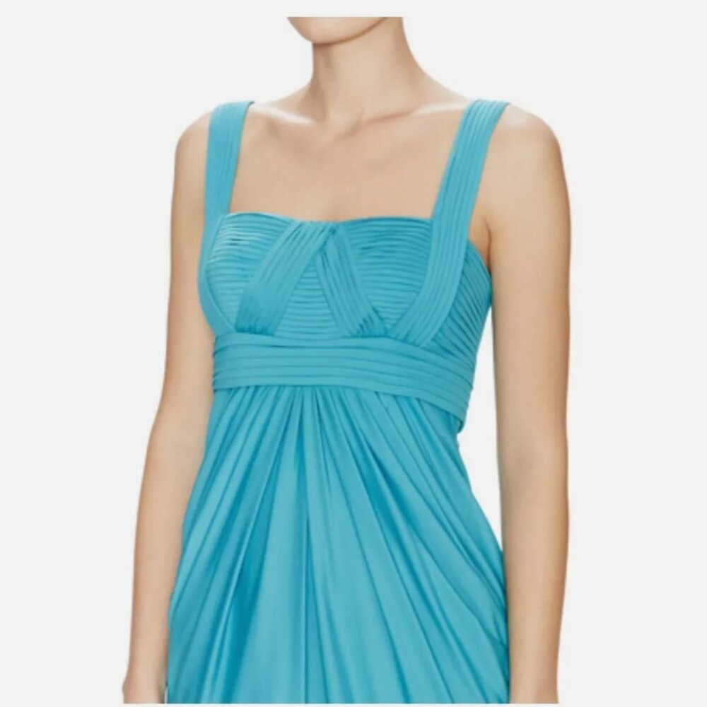 New BCBG MAXAZRIA Small S Cyan Blue Stretch Jersey Draped Pleated Cocktail Dress - Picture 3 of 9